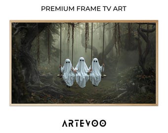Cute Ghosts Wooden Swing Illustration, Halloween Frame TV Art, Muted Misted Forest Decor