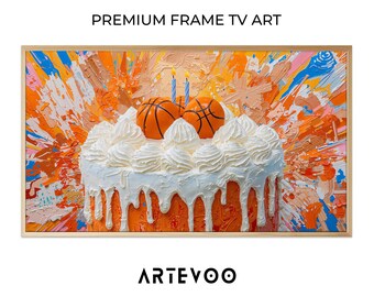 Basketball Birthday Cake Oil Painting, Celebration Frame TV Art, Vibrant Orange Impasto Decor