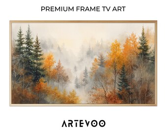 Autumn Forest Watercolor Painting, Halloween Frame TV Art, Misty Fall Landscape Decor