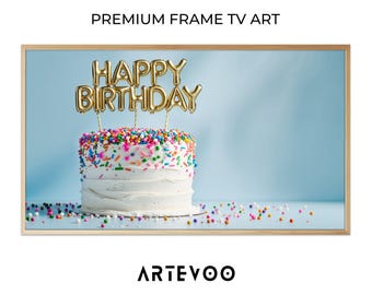 Birthday Cake Photo, Celebration Samsung Frame TV Art, Light Blue Festive Decor