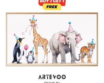 Cartoon Birthday Frame TV Art, Fun Animated Style Party Decor, Colorful Samsung TV Wallpaper, Kids Birthday Screen