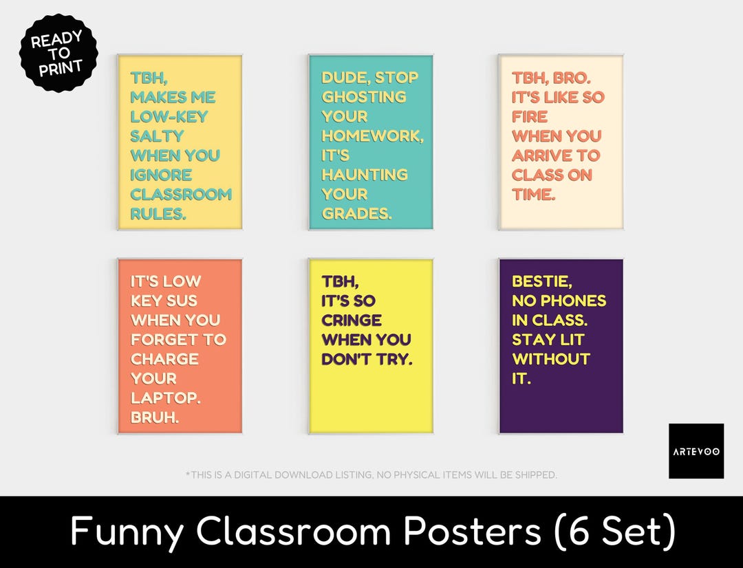 Funny Classroom Posters Bundle, Printable Wall Art Sign for English ...