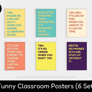 May include: A set of six rectangular classroom posters with humorous phrases in different colours. The posters feature phrases such as "TBH, makes me low-key salty" and "Dude, stop ghosting your homework."