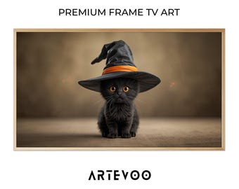 Whimsical Black Cat Witch Painting, Halloween Frame TV Art, Muted Beige Cozy Decor