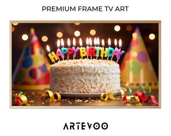 Coconut Birthday Cake Food Photography, Celebration Background, Frame TV Art, Festive Warm Golden Bokeh Cozy Decor