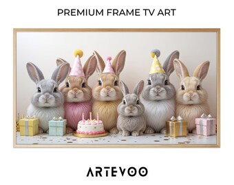 Baby Rabbits Birthday Studio Photograph, Cute Animal TV Display, Frame TV Art, Pastel Gold Celebration Decor