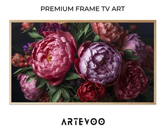 Lush Peony Floral Painting, Botanical Bouquet Samsung Frame TV Art, Dramatic Dark Pink Lavender Coral Decor