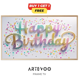 Könnte beinhalten: Ein gerahmtes Kunstwerk mit den Worten "Happy Birthday" in glitzernden, regenbogenfarbenen Buchstaben. Bunte Konfettipunkte auf dem weißen Hintergrund. Der Rahmen hat eine helle Holzfarbe. Ein Banner "Kaufe 1, erhalte 1 gratis" befindet sich oben links.