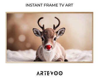 Reindeer in Snowy Forest Samsung Frame TV Art, Vintage Retro Digital Download, Winter Cottagecore Christmas Decor