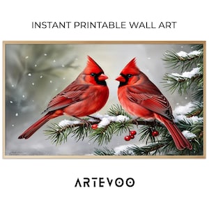 Winter Bird On Holly Branch Snow, Cardinal Chickadees Red Robin Bluejay, Christmas Printable Wall Art Decor Sign Poster, Holiday Winter Merr