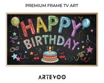 Chalkboard Happy Birthday Drawing, Celebration Frame TV Art, Rainbow Confetti Cake, Colorful Festive Charcoal Background
