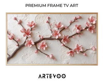 3D Pink Cherry Blossoms Plaster Sculpture, Abstract Floral Samsung Frame TV Art, Textured Minimalist Serene Decor