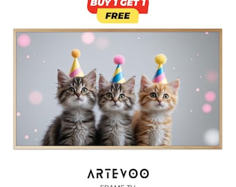 Cat Birthday Frame TV Art, Cute Kitten Party Decor, Feline Theme Samsung Wallpaper, Meow Birthday Sign 4K