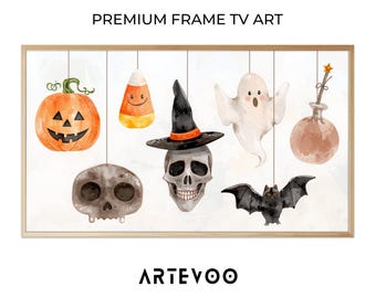 Cute Spooky Garland Watercolor, Halloween Frame TV Art, Pumpkin Black Cat Decor