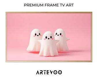 Cartoon Ghost Illustration, Pink Halloween Frame TV Art, Soft Pastel Aesthetic