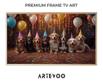 Happy Party Dogs Illustration, Whimsical Birthday Frame TV Art, Colorful Festive Confetti Decor