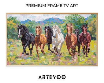 Abstract Horses Impressionist Painting, Equestrian Landscape Samsung Frame TV Art, Vibrant Dynamic Movement Energy Decor