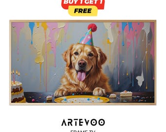 Dog Birthday Frame TV Art, Puppy Party Decor, Cute Dog Lover Samsung Wallpaper, Woof Birthday Sign 4K