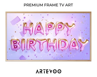 Gold to Pink Ombre Birthday Balloons 3D Render, Festive Celebration Frame TV Art, Pastel Lavender Background, Metallic Foil Decor