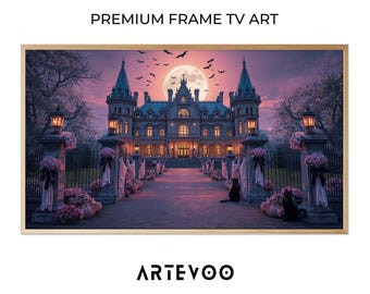 Pink Gothic Mansion Painting, Spooky Halloween Frame TV Art, Pastel Ghost Pumpkin Decor