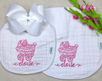 Bib and Burp Cloth Set Girl, Muslin Burp Cloth Personalized, Personalized Burp Cloth Set Girl, Organic Personalized Gift Girl