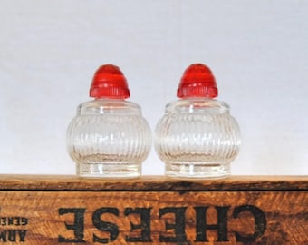 Vintage Mini Salt and Pepper Shaker Set with Red Tops