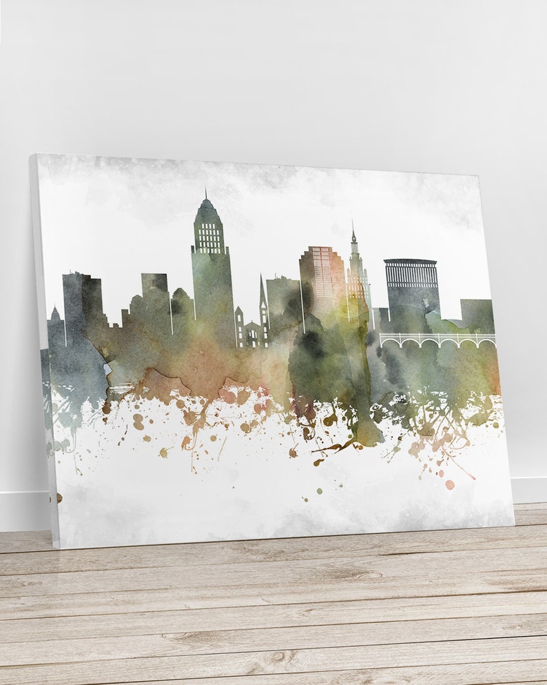 Cleveland canvas print Cleveland watercolor skyline Etsy