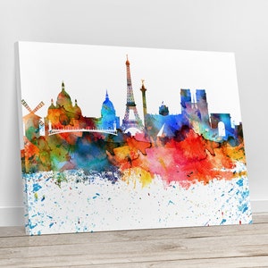 May include: A watercolor painting of the Paris skyline, featuring iconic landmarks like the Eiffel Tower, Notre Dame Cathedral, and the Arc de Triomphe. The painting is done in a vibrant palette of blues, reds, and yellows, with splashes of white paint creating a textured effect.