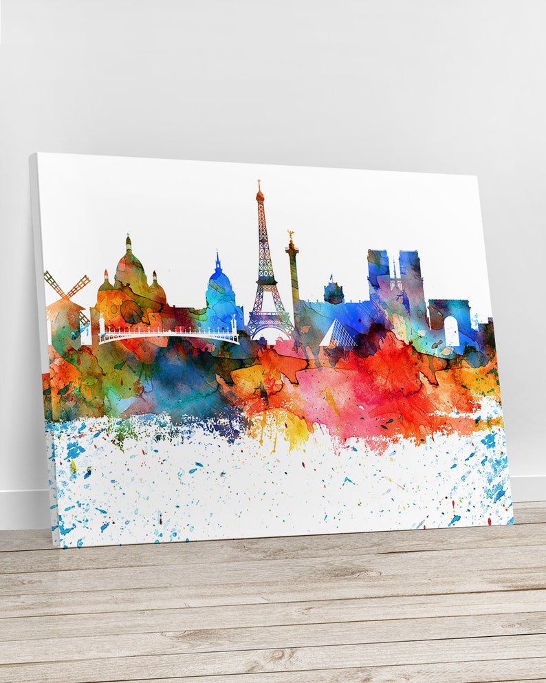 May include: A watercolor painting of the Paris skyline, featuring iconic landmarks like the Eiffel Tower, Notre Dame Cathedral, and the Arc de Triomphe. The painting is done in a vibrant palette of blues, reds, and yellows, with splashes of white paint creating a textured effect.