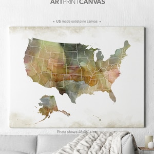 May include: A watercolor map of the United States with a white background. The map is painted in shades of green, brown, and orange. The state borders are outlined in white. The text "Photo shows 48x36" size is at the bottom of the image.