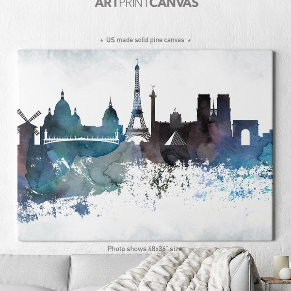 Paris canvas print, Paris watercolor skyline canvas, Paris colorful print, Travel print, Home decor, Wall art, ArtPrintCanvas.