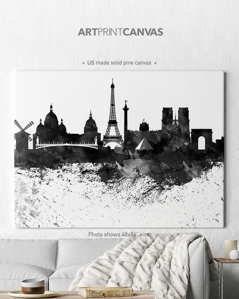 Paris canvas print, Paris watercolor skyline canvas, Art Print, Art, Canvas, Paris black & white print, Home decor, Wall art ArtPrintCanvas. image 1