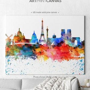 May include: A watercolor painting of the Paris skyline with colorful splashes of paint. The Eiffel Tower is the most prominent feature, with other landmarks like the Arc de Triomphe and Notre Dame Cathedral visible in the background. The painting is on a white background with a subtle texture.