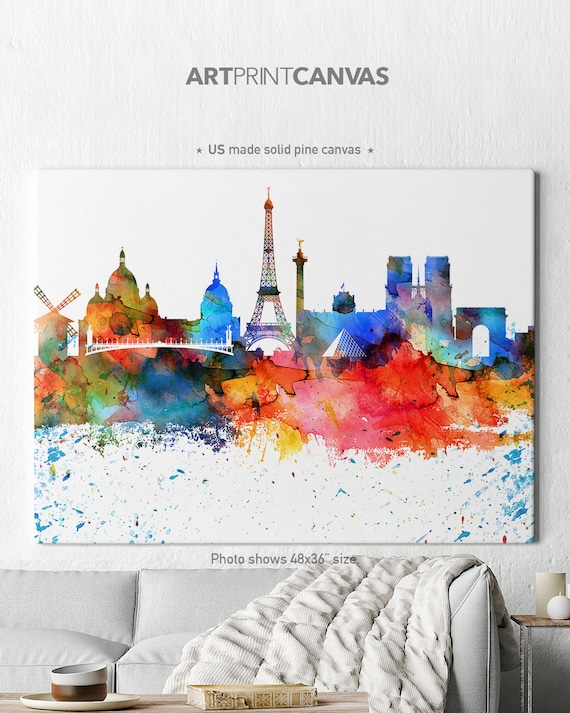 Paris Canvas Art, Paris watercolor skyline canvas, Paris colorful print, Home decor, Wall art, ArtPrintCanvas