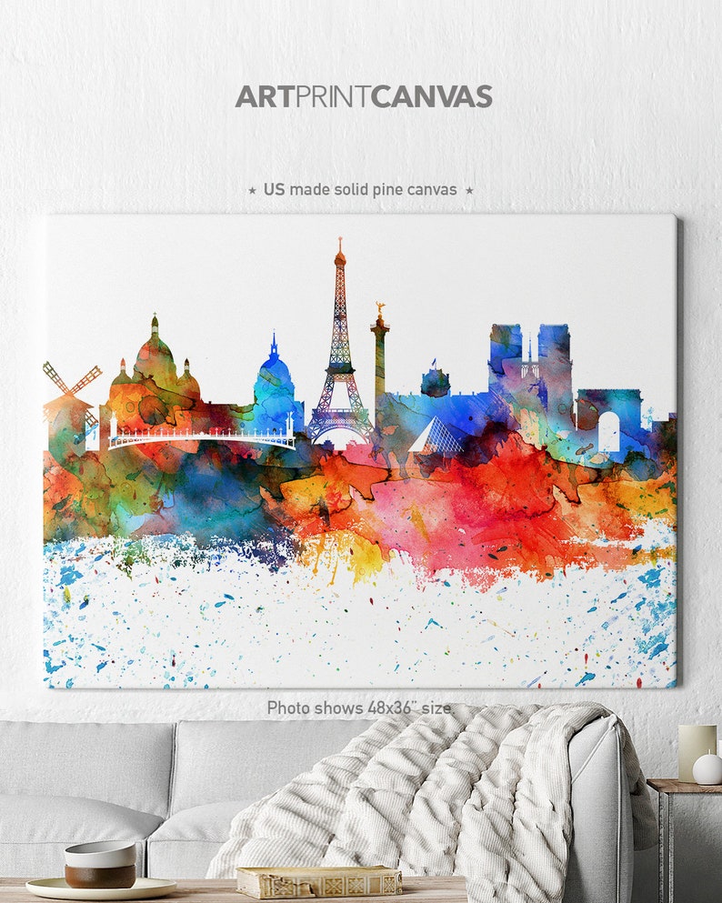 May include: A watercolor painting of the Paris skyline with colorful splashes of paint. The Eiffel Tower is the most prominent feature, with other landmarks like the Arc de Triomphe and Notre Dame Cathedral visible in the background. The painting is on a white background with a subtle texture.