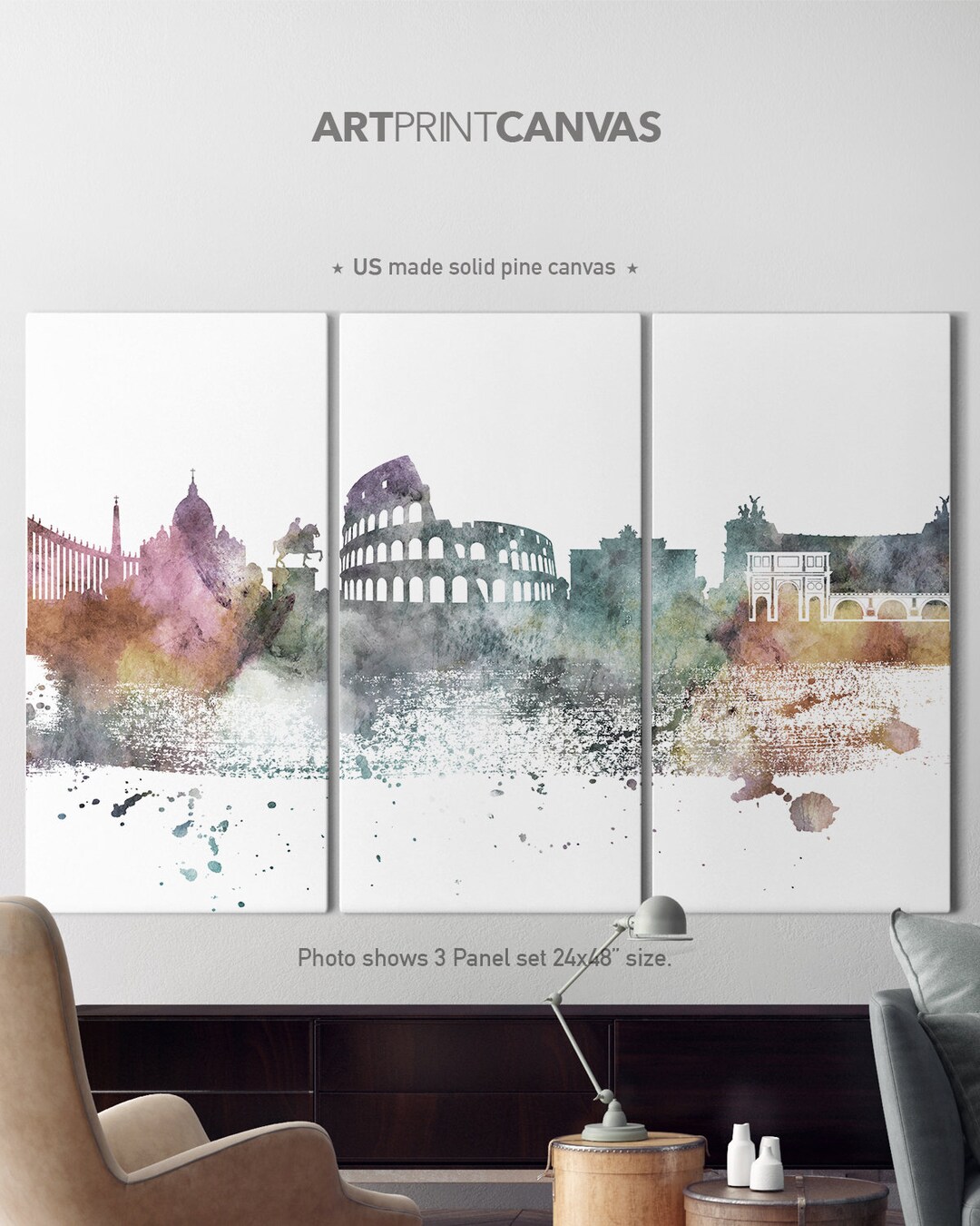 Rome Canvas Art, 3 Canvas Set, Rome Skyline Set of 3 Canvas, Rome