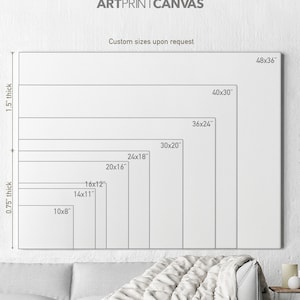 May include: A diagram showing different sizes of canvas prints available for purchase. The sizes are listed in inches, with the smallest being 10x8 inches and the largest being 48x36 inches. The text "ARTPRINTCANVAS" and "Custom sizes upon request" are also visible.