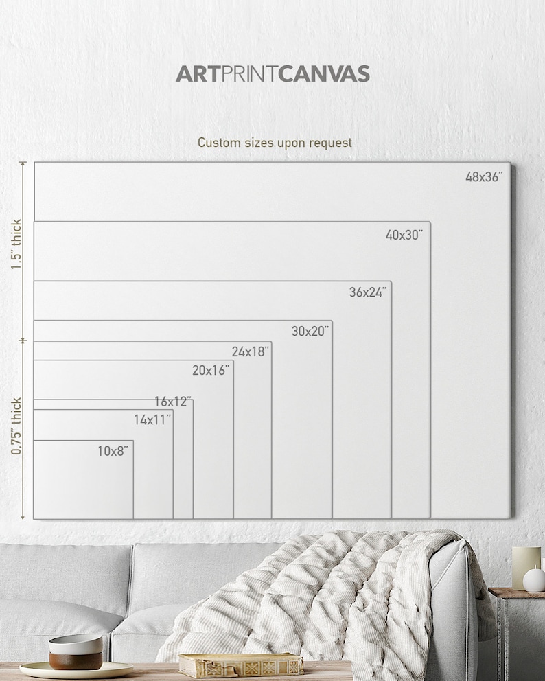 May include: A diagram showing different sizes of canvas prints available for purchase. The sizes are listed in inches, with the smallest being 10x8 inches and the largest being 48x36 inches. The text "ARTPRINTCANVAS" and "Custom sizes upon request" are also visible.