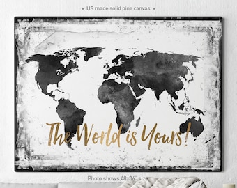 World map canvas art print, travel map, large world map, black & white watercolor map, map painting, guest book, Wall art, ArtPrintCanvas.