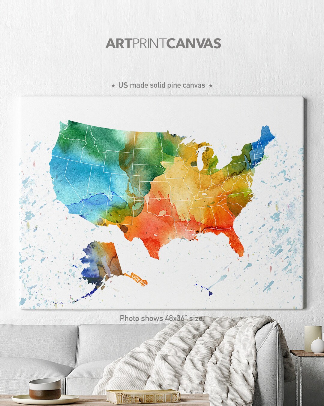 United States Map Canvas Art, US Map Canvas Print, Large USA Canvas 