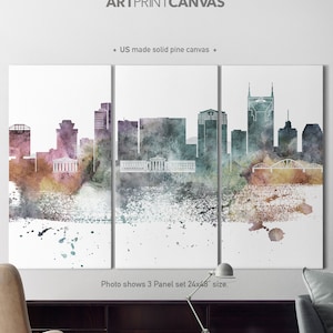 Nashville Canvas art, 3 Canvas Set, Nashville Skyline set of 3 canvas, Nashville Watercolor Wall Art, Home Decor, ArtPrintCanvas
