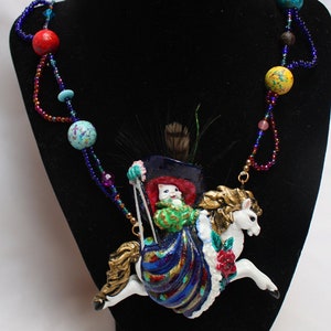 Vintage Leigh Allen Art-to-Wear Cat, moveable arm w Mask, Carousel Horse necklace