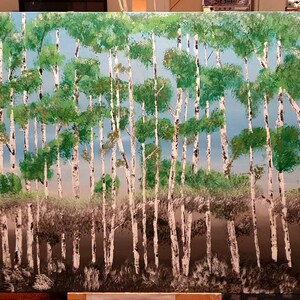 May include: A painting depicting a birch forest with white bark and green leaves. The trees are painted realistically, with the bark and leaves rendered in detail. The background of the painting is a light blue sky.