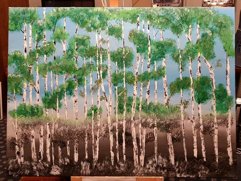 May include: A painting depicting a birch forest with white bark and green leaves. The trees are painted realistically, with the bark and leaves rendered in detail. The background of the painting is a light blue sky.