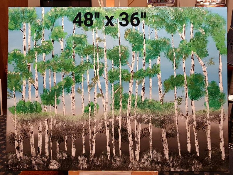 May include: A painting of a forest of birch trees with white bark and green leaves. The painting is on a canvas and measures 48 inches by 36 inches.