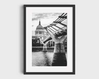 London Print | Millennium Bridge & St Paul's | London, UK | Black and white photographic print | Cityscape skyline photography wall art gift