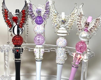 Handmade Angel Wings Beaded Novelty Pens with Bling, Rhinestones, Gift for Coworker, Friends, Family, Desk Accessory