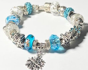 Handmade Winter Frozen Holiday Christmas Blues Beads Bracelet Pandora Style European Beads