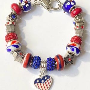 Patriotic Charm Bracelet &quot;Whose Broad Stripes and Bright Stars&quot; Pandora Style European Beads