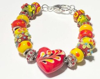 Handmade Jumbo Heart Flowerful Charm Bracelet Pandora Style European Beads